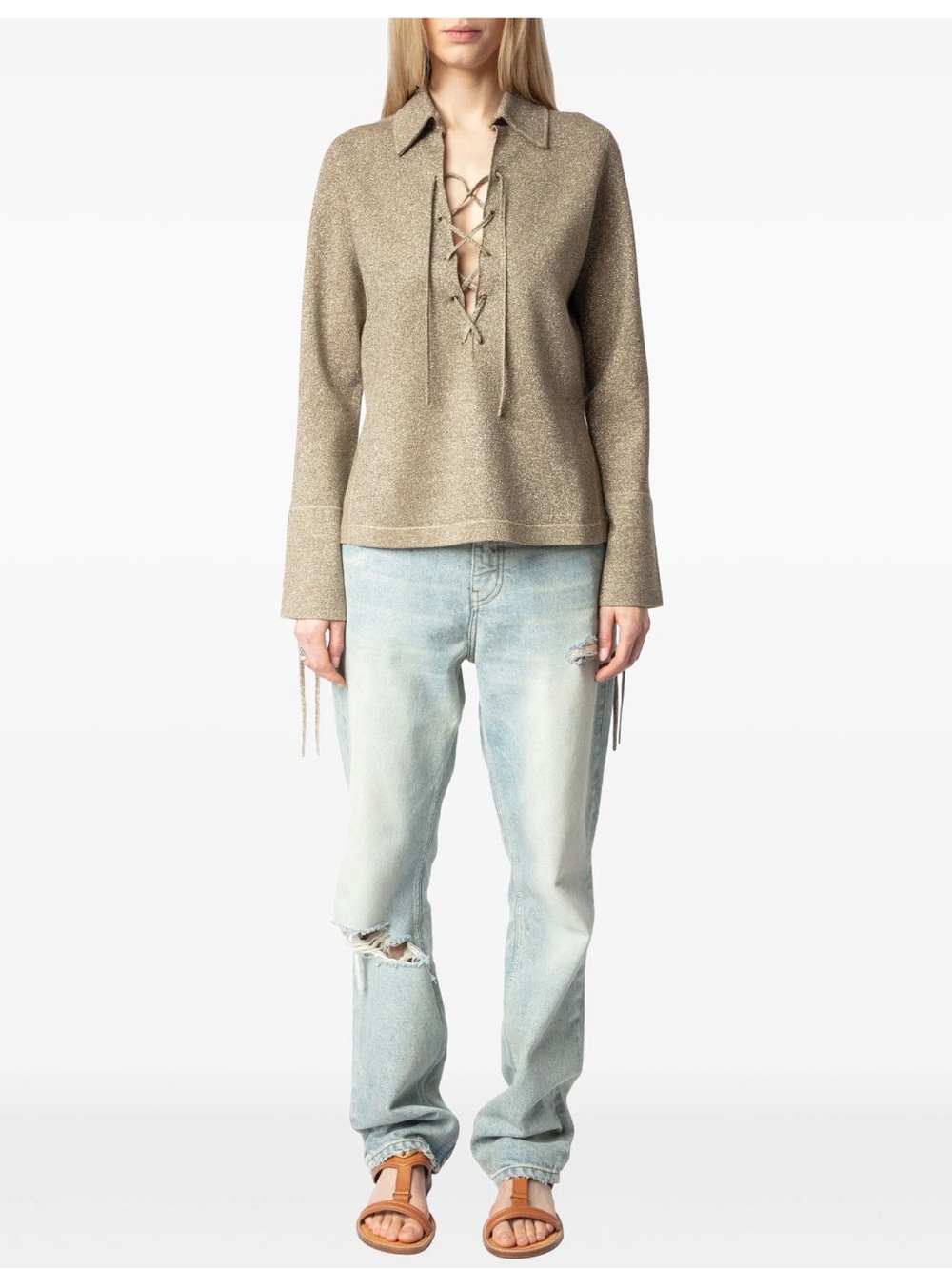 Zadig&Voltaire Listy knitted top w lace up v neck Gold NWT XS